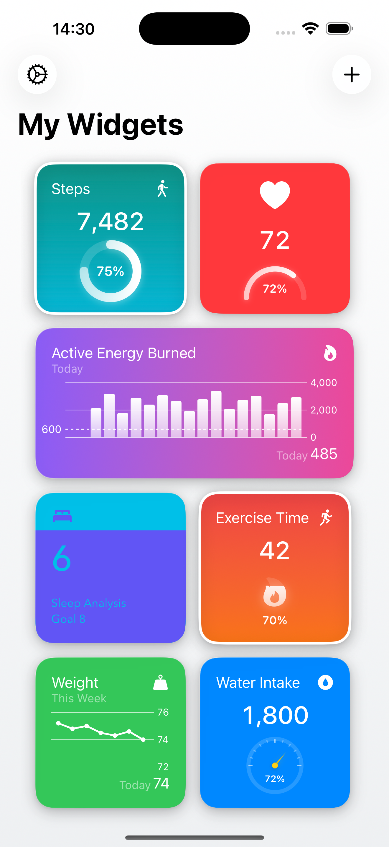 VitalTile app showing health widgets including Steps, Heart Rate, Active Energy, Sleep Analysis, Exercise Time, Weight, and Water Intake