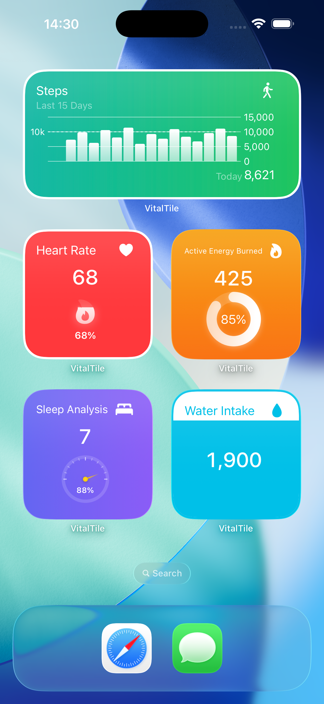 iPhone home screen showing VitalTile widgets displaying health metrics like Steps, Heart Rate, and Sleep