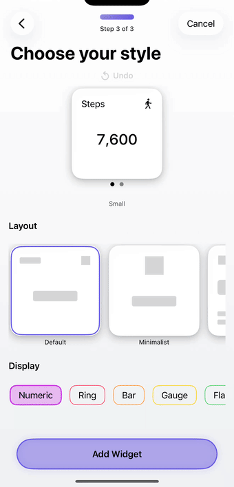 VitalTile style picker showing different display styles like Ring, Gauge, Flame, and Bar being selected